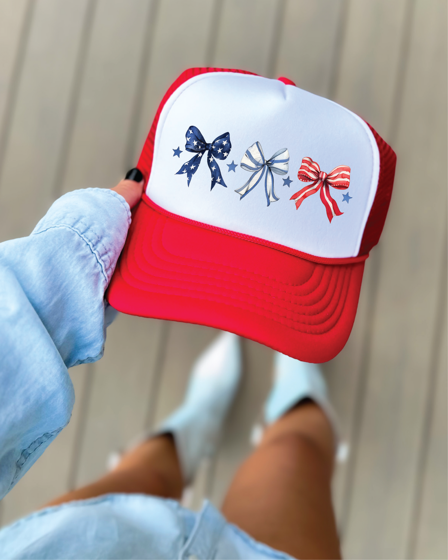 USA Bows DTF Printed Red And WhiteTrucker Hat