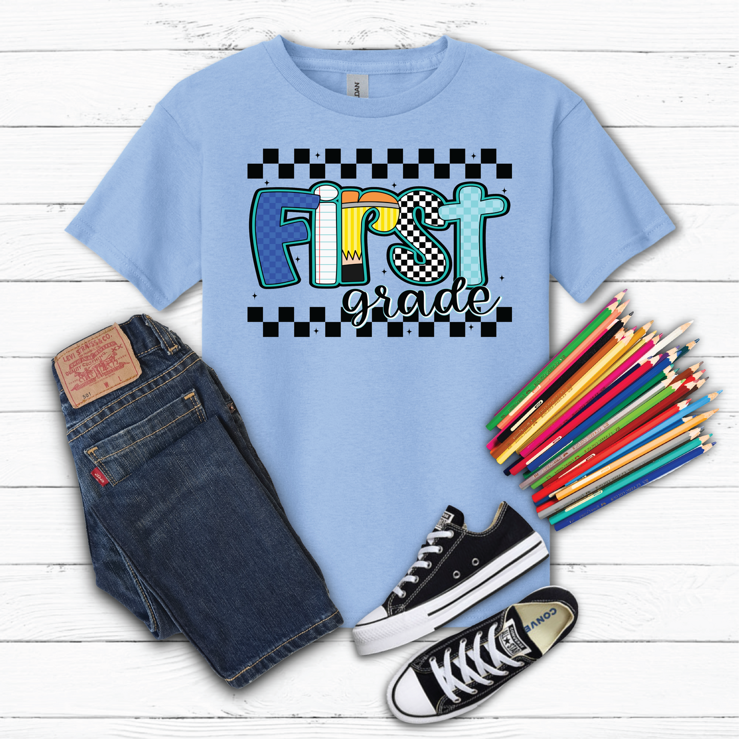 Boys Checkered 1st Grade Back to School Graphic Tee
