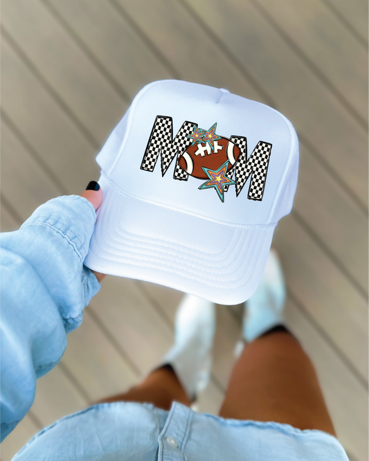 Football Mom Checkered DTF Printed White Trucker Hat