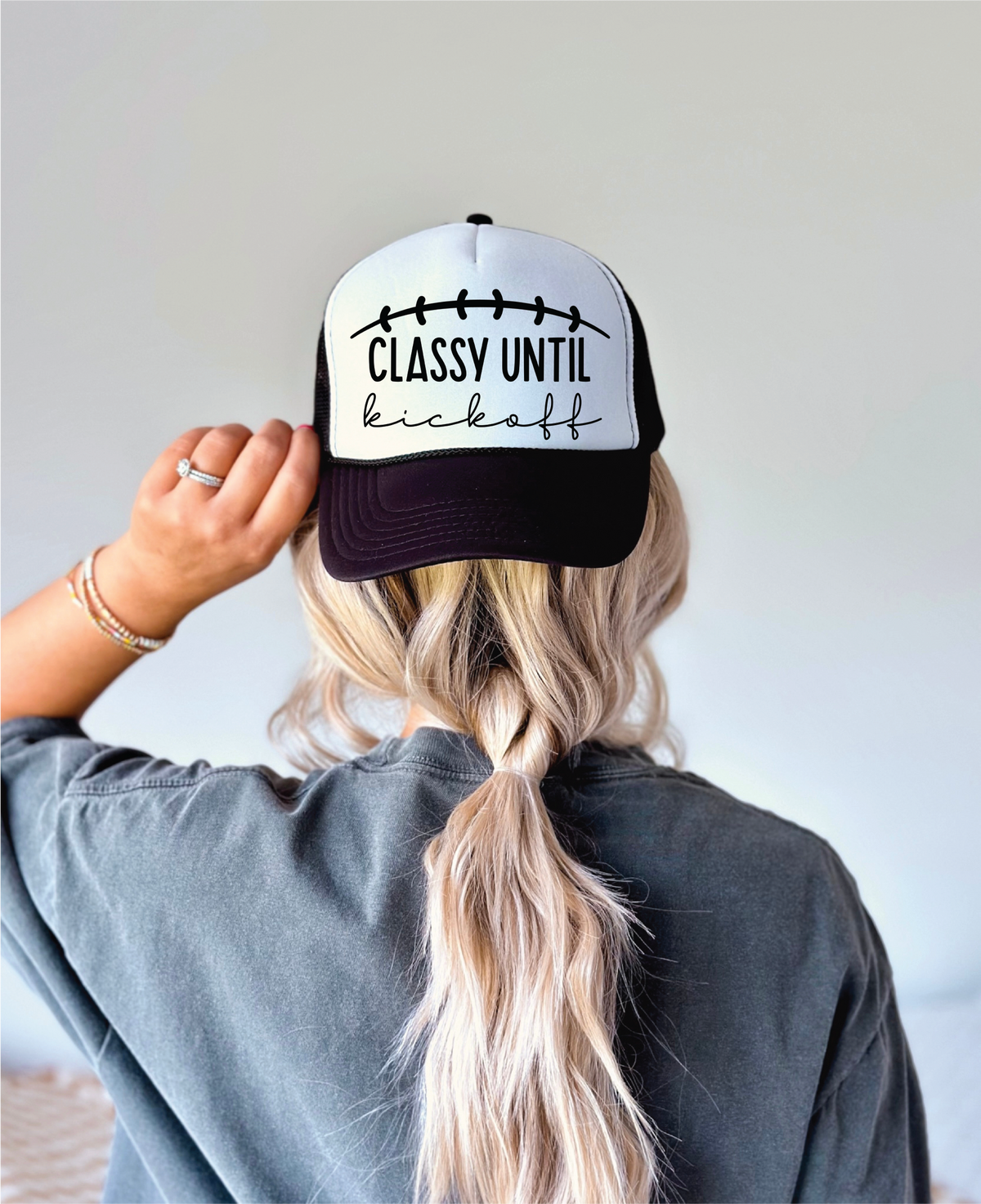 Classy Until Kickoff DTF Printed Black and White Trucker Hat