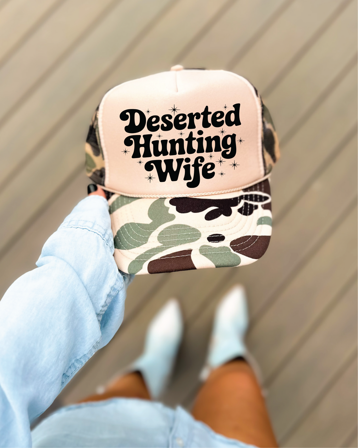Deserted Hunting Wife DTF Printed Duck Camo and Tan Trucker Hat
