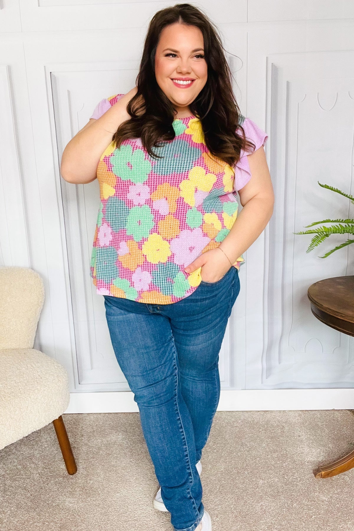 Feeling Playful Fuchsia Floral Textured Ruffle Sleeve Top - Southern Belles & Company Boutique