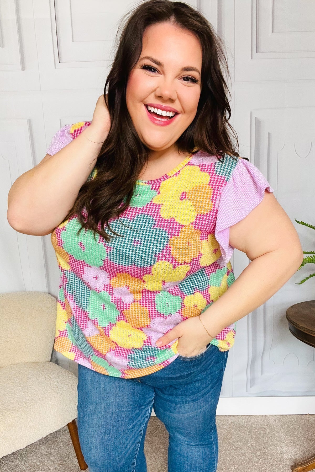 Feeling Playful Fuchsia Floral Textured Ruffle Sleeve Top - Southern Belles & Company Boutique