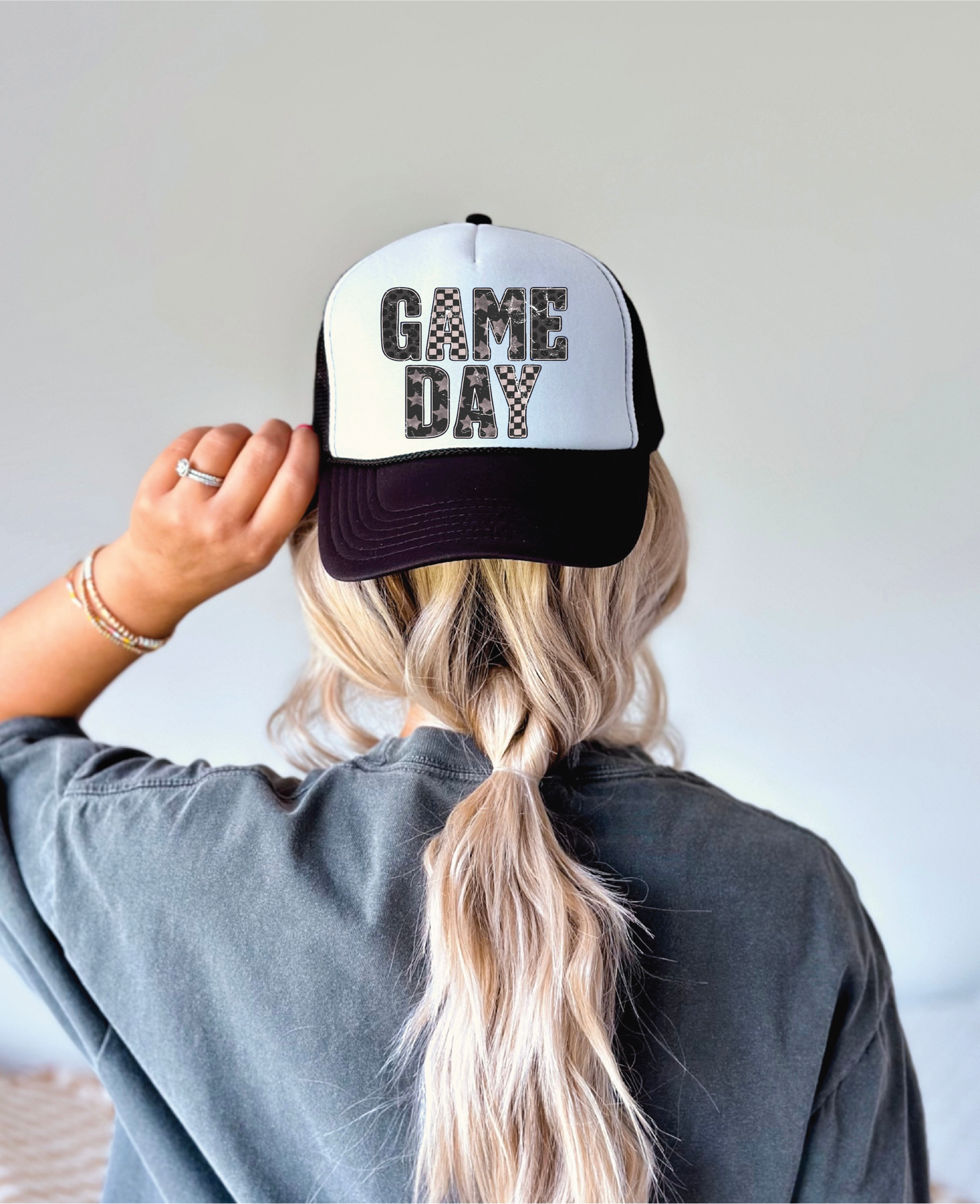 Game Day Pattern Letters DTF Printed Black and White Trucker Hat