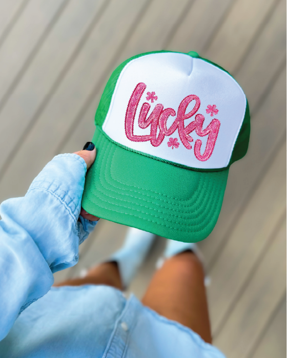 Lucky-Faux Pink Glitter DTF Printed Kelly Green & White Trucker Hat