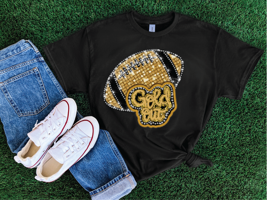 Gold Out Faux Sequin Football- Graphic T-shirt