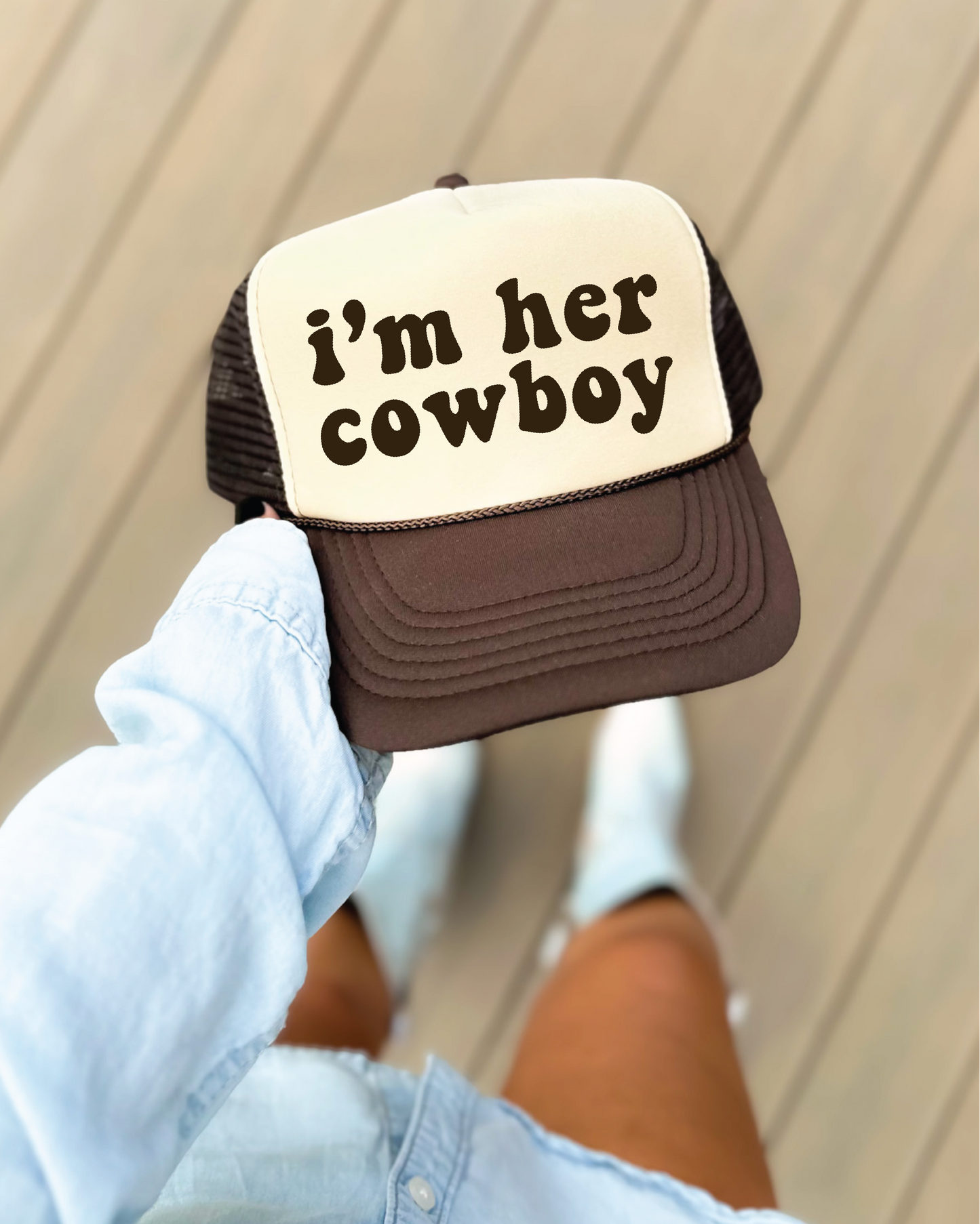I'm Her Cowboy DTF Printed Brown & Tan Trucker Hat