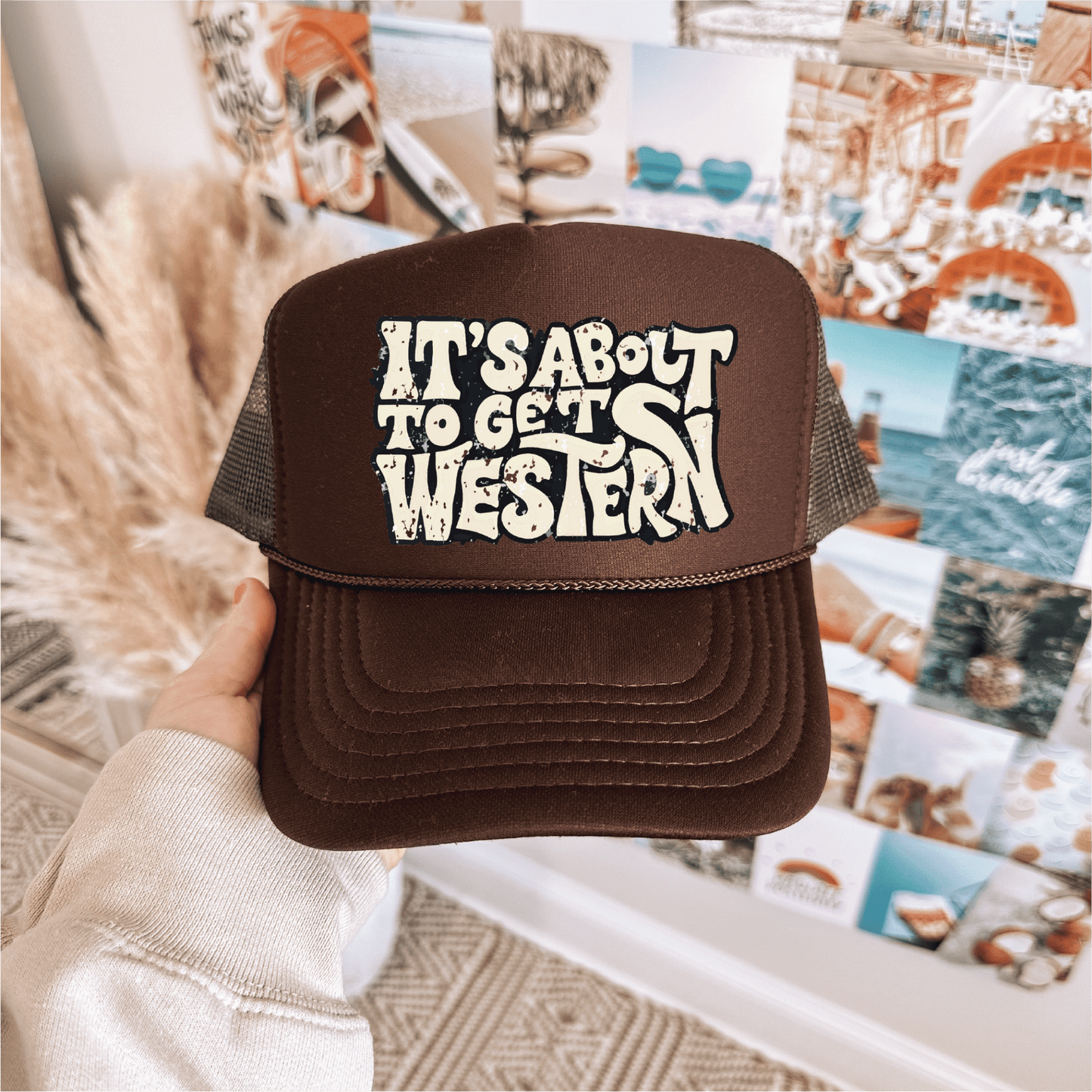 Its About To Get Western DTF Printed Brown Trucker Hat - Southern Belles & Company Boutique