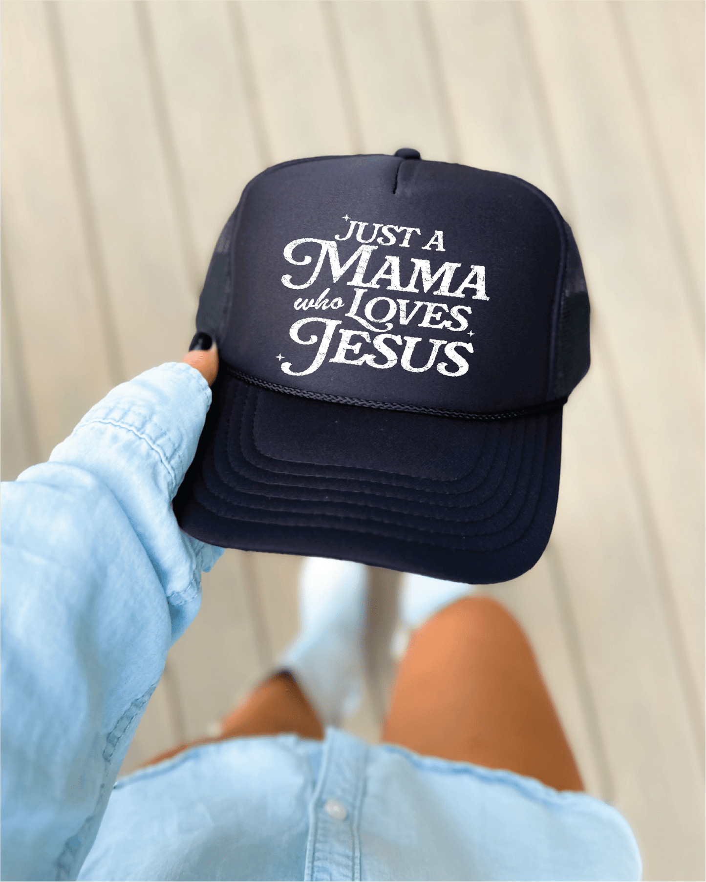 Just a Mama Who Loves Jesus DTF on Black Foam Hat - Southern Belles & Company Boutique