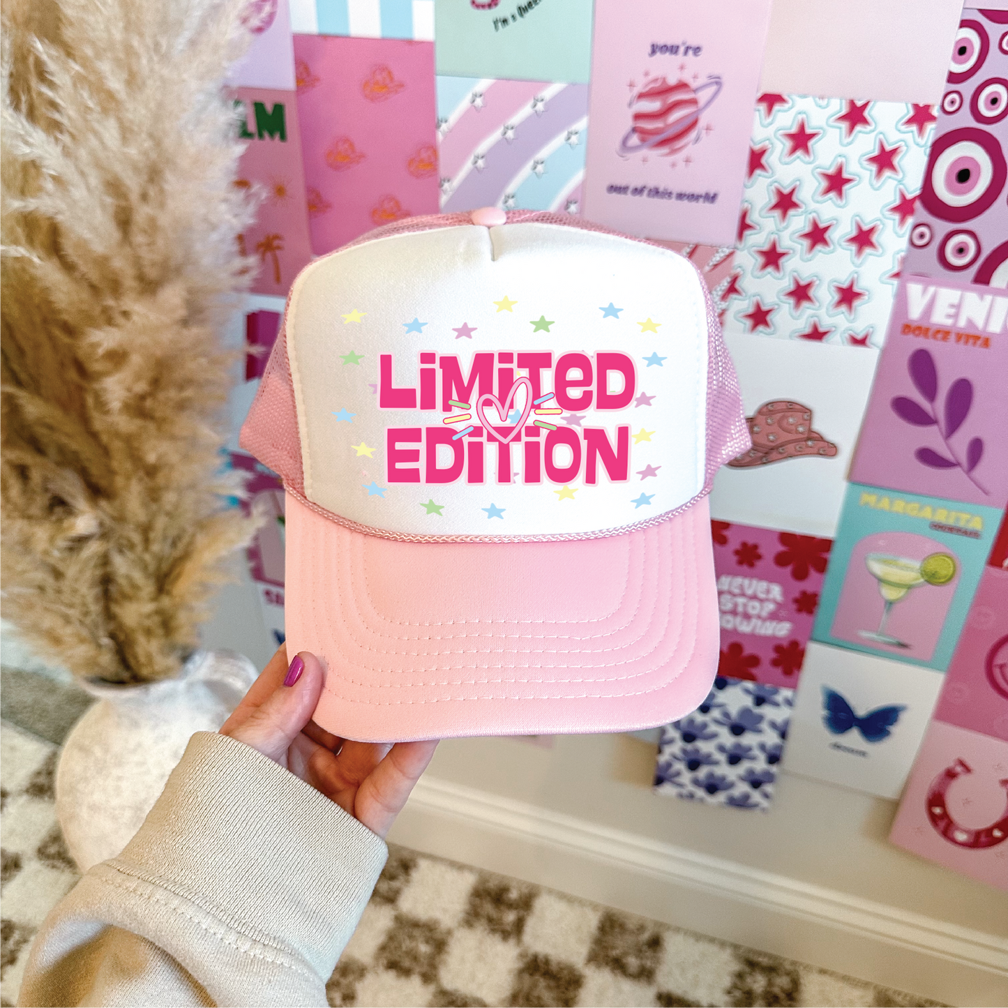 Limited Edition DTF Printed Light Pink And White Trucker Hat