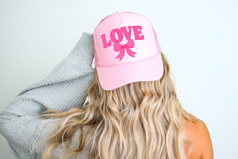 LOVE GINGHAM PRINT DTF Printed Light Pink Trucker Hat