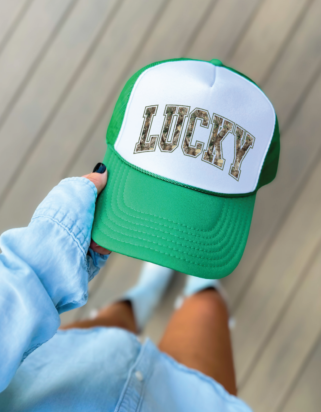 Lucky Camo-DTF Printed Kelly Green & White Trucker Hat
