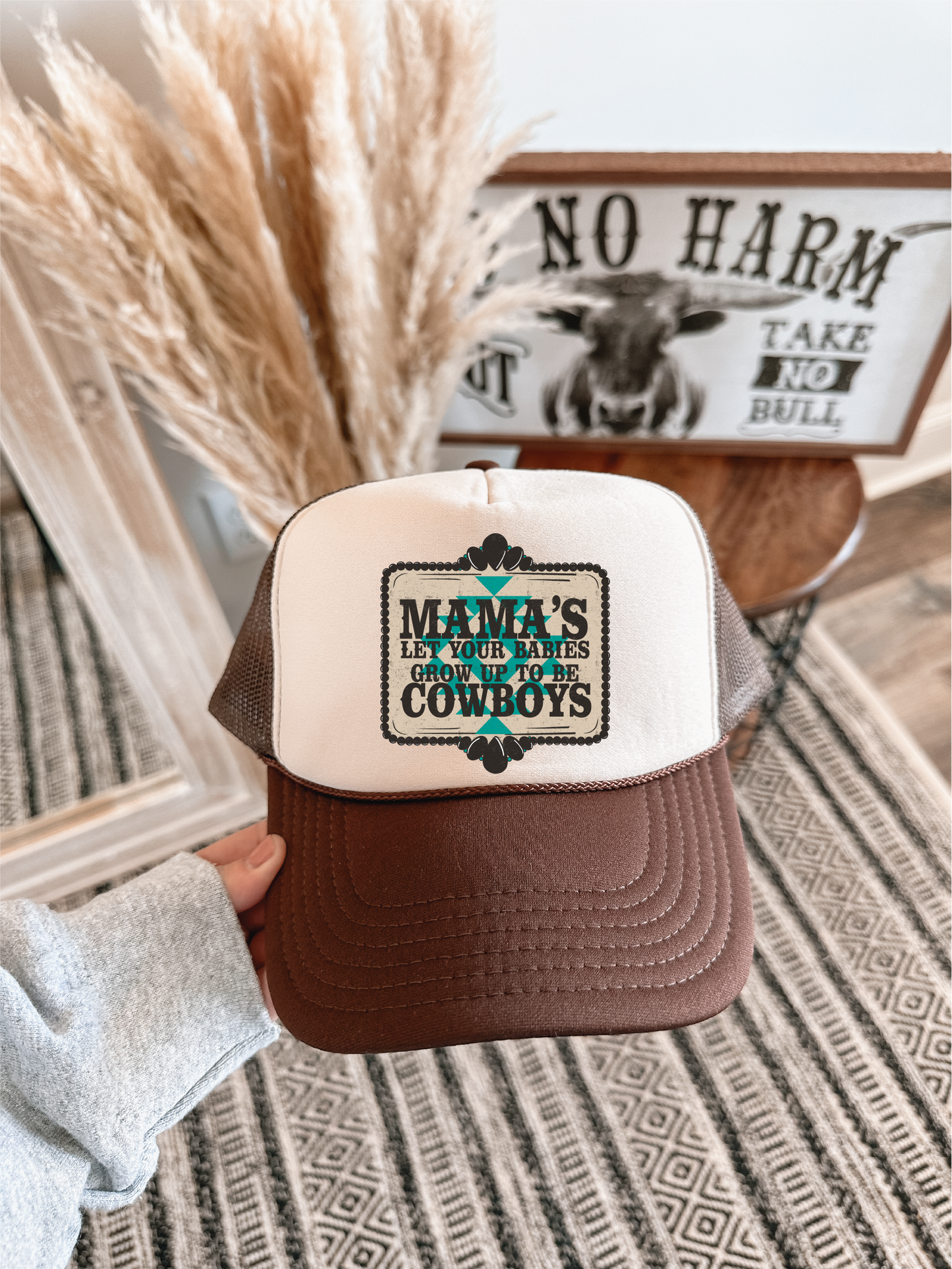 Mamas Let Your Babies Grow Up To Be Cowboys DTF Printed Brown & Tan Trucker Hat/ Black Ink