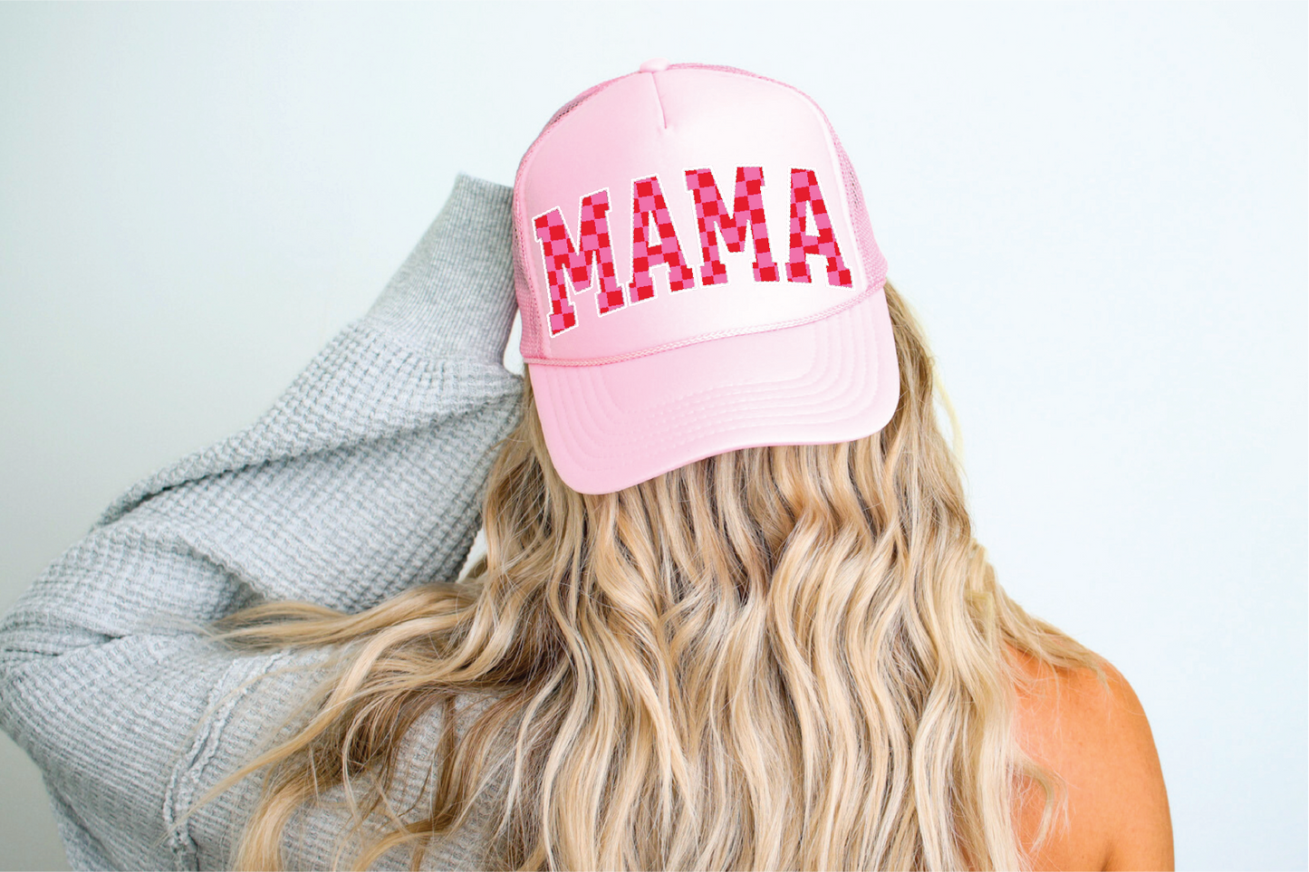 MAMA PINK CHECKERED -UNISEX PINK FOAM TRUCKER HAT