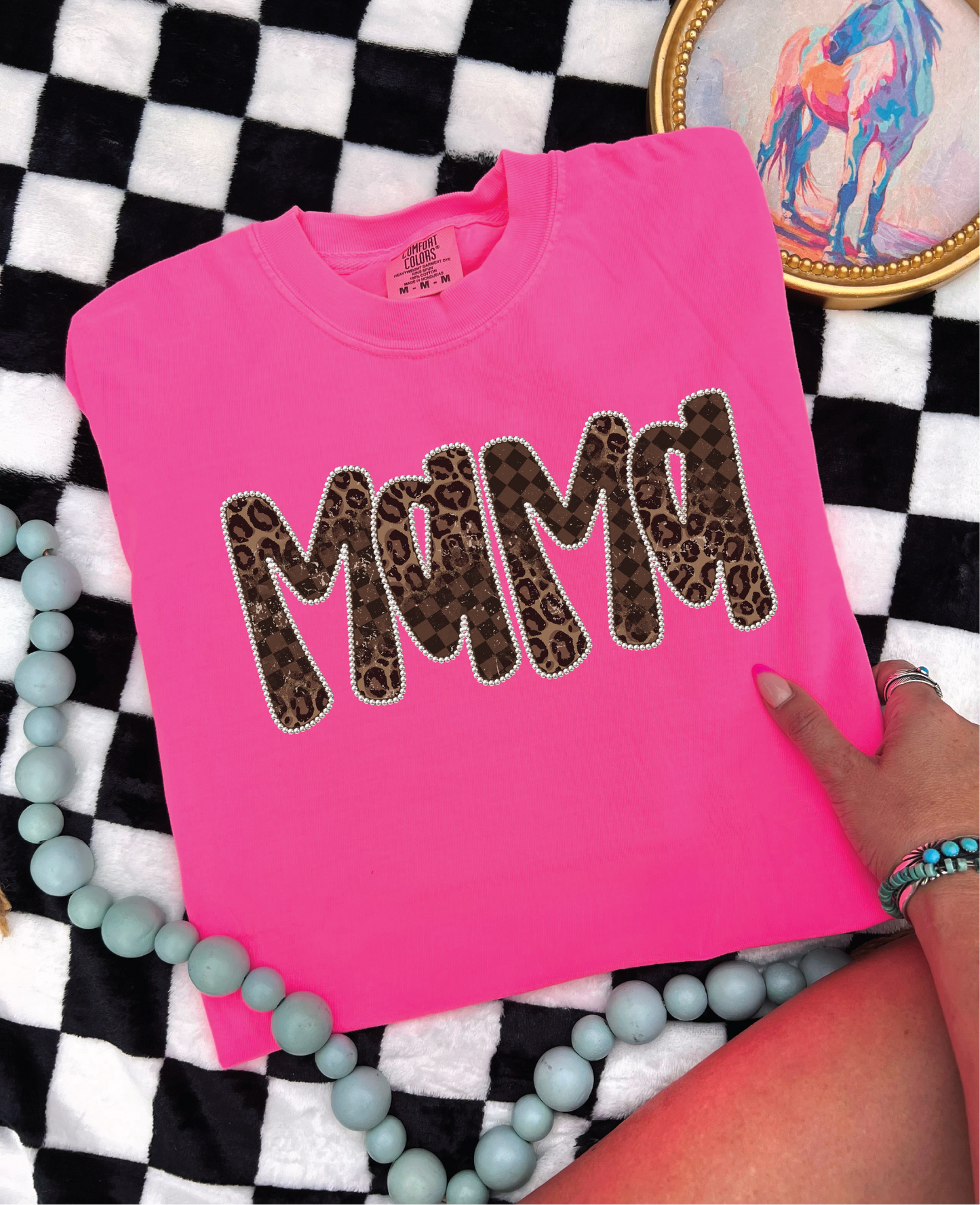 Mama Checkered Leopard - Neon Pink Graphic Tee