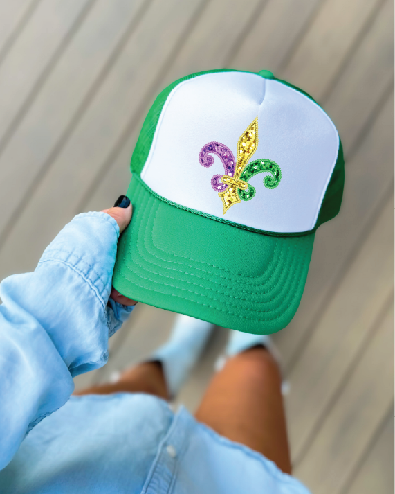 Mardi Gras -Faux Sequin DTF Printed Kelly Green & White Trucker Hat