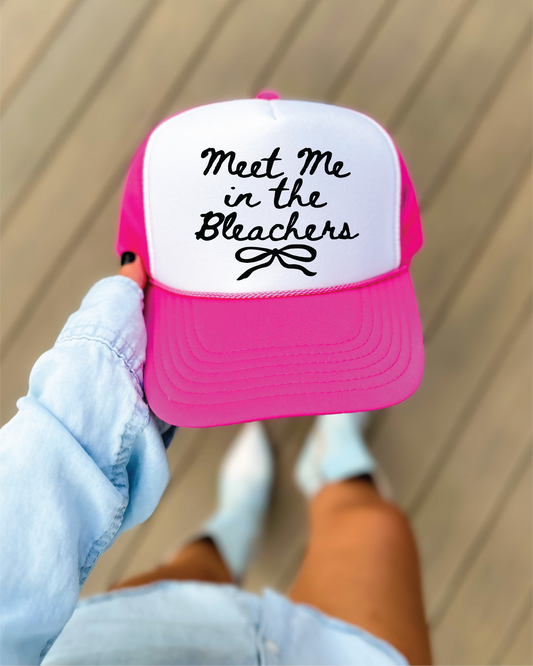 Meet Me In The Bleachers -Football DTF Printed Hot Pink and White Trucker Hat