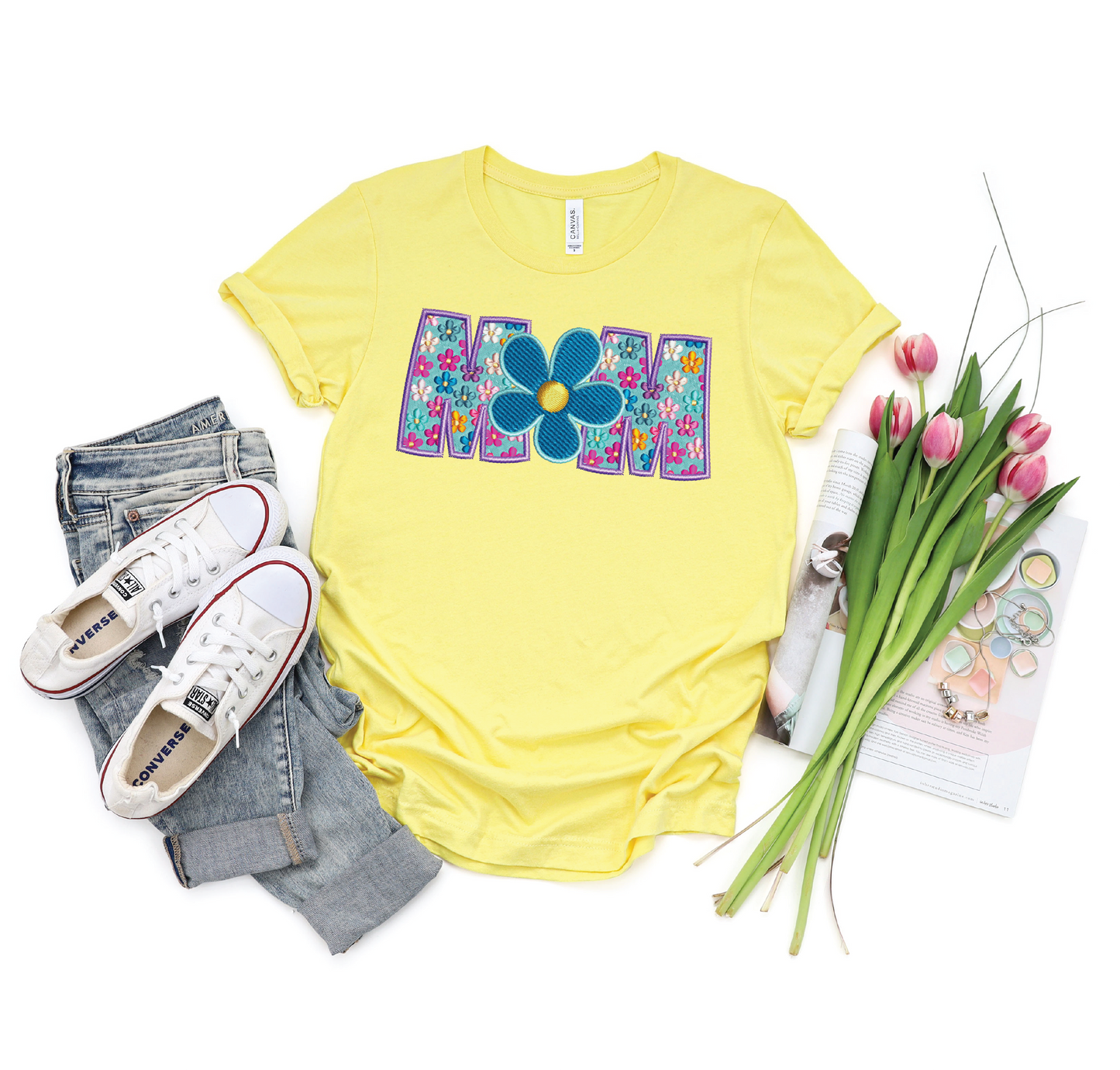 Mom Floral Faux Embroidery Graphic Tee