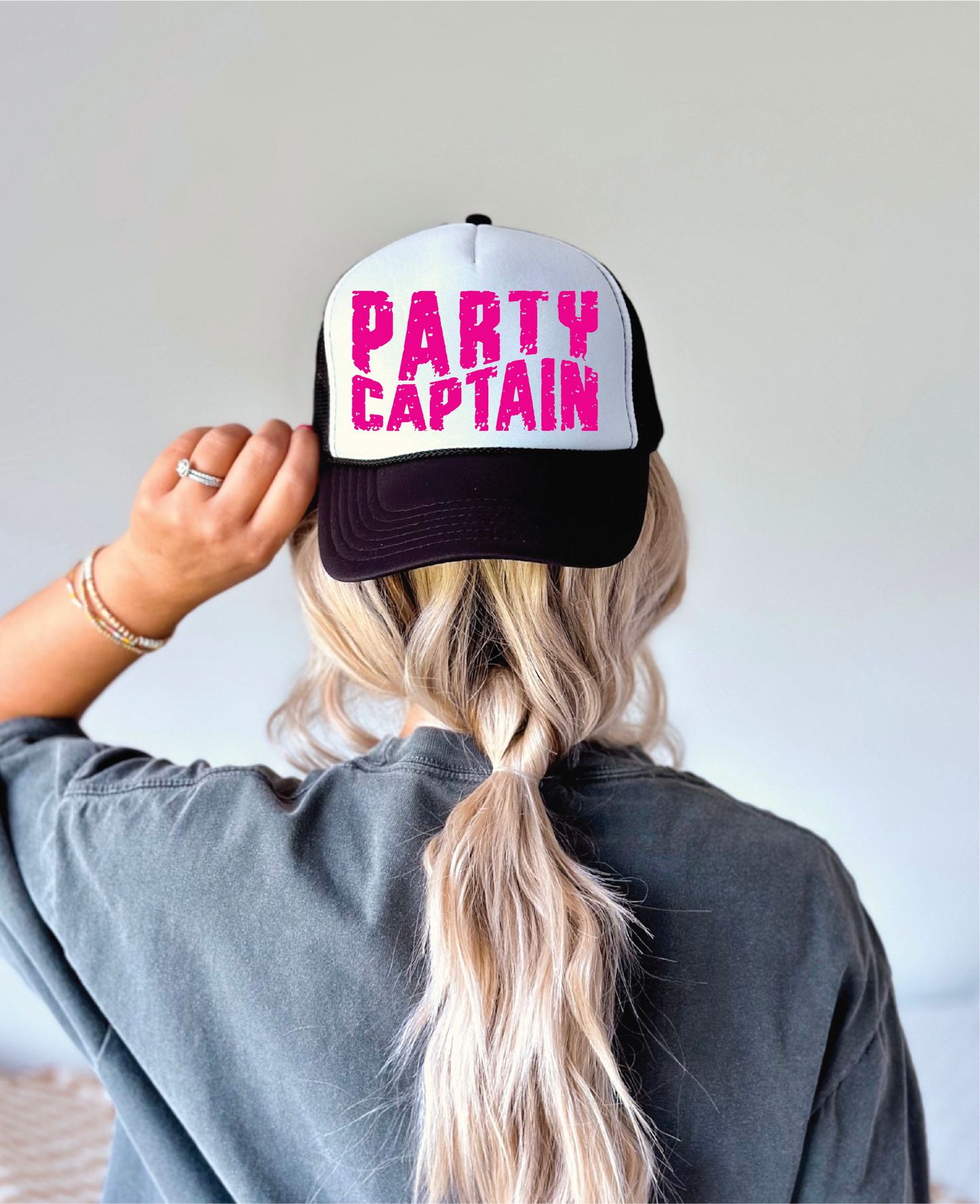 Party Captain DTF Printed Black and White Trucker Hat