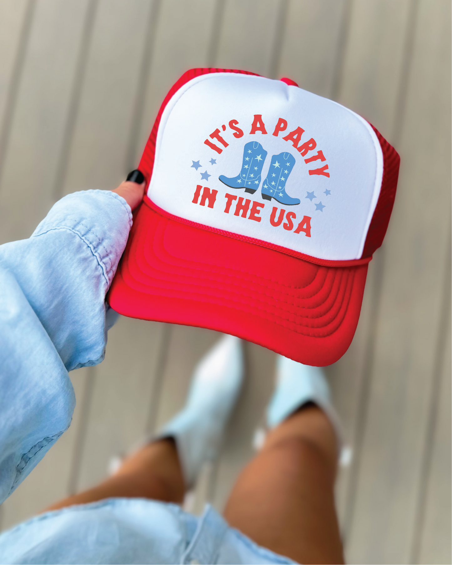 Party in the USA DTF Printed Red & White Trucker Hat