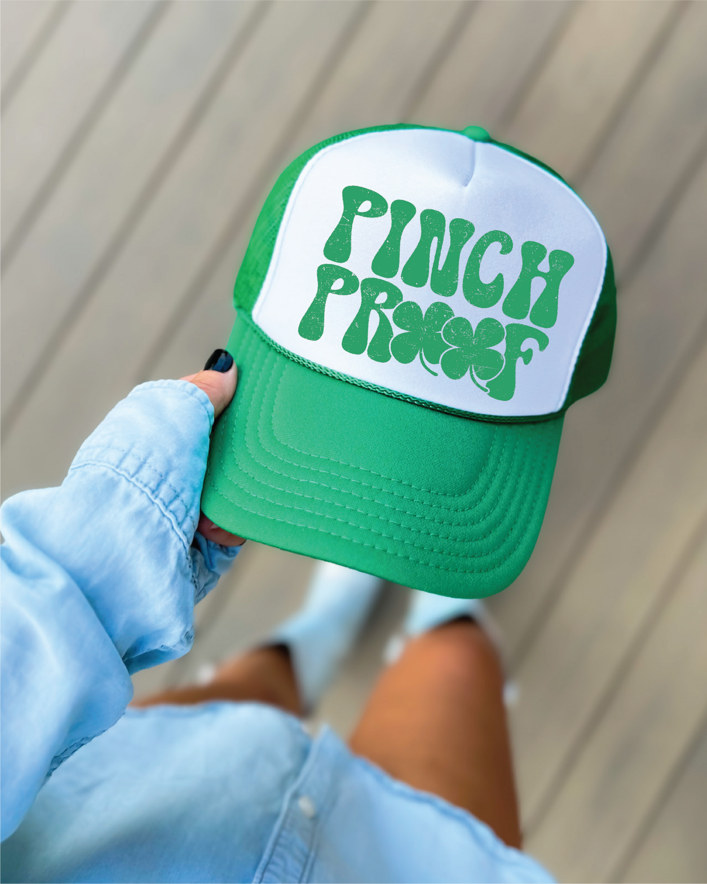 HD Custom- Pinch Proof DTF Printed Green & White Trucker Hat