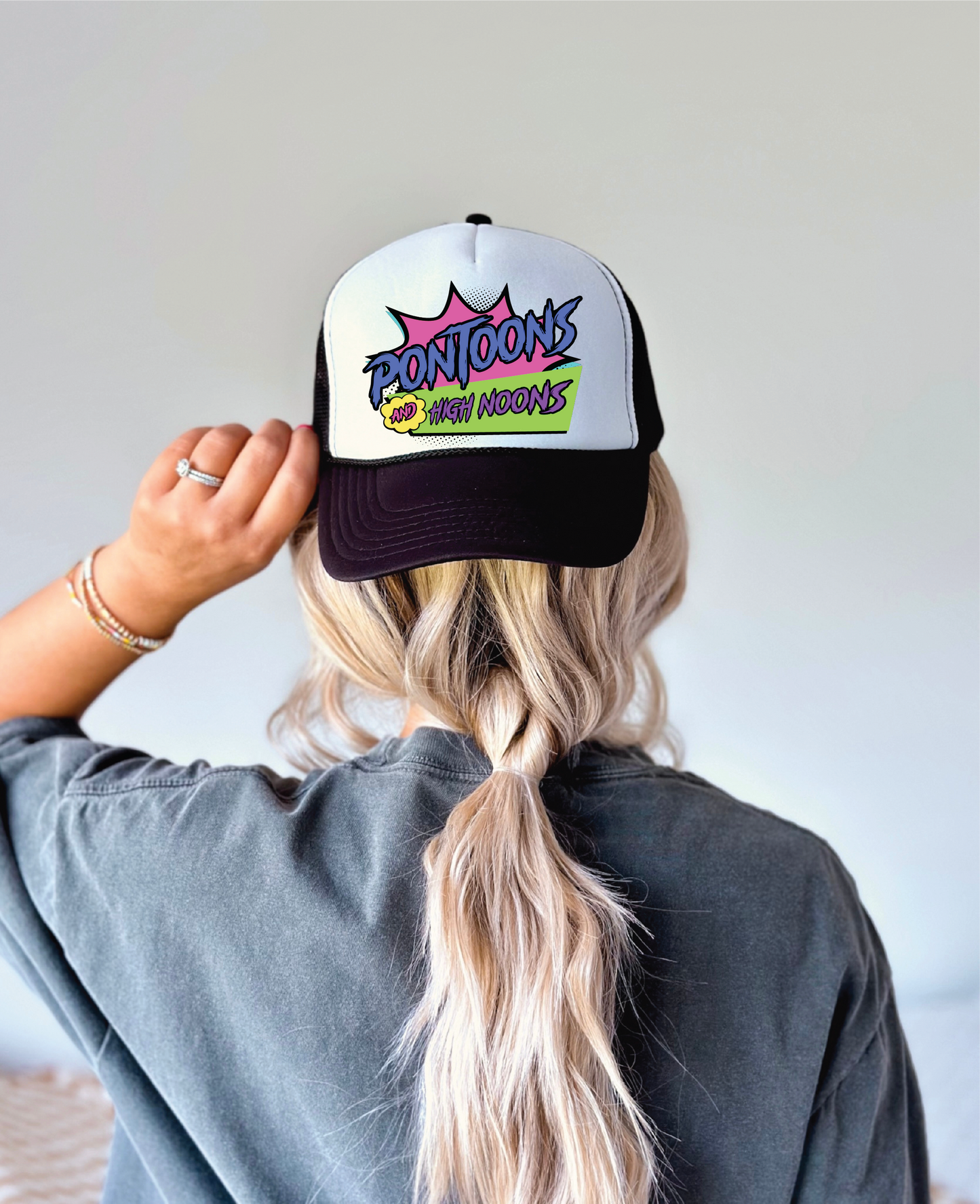 Pontoons and High Noons DTF Printed Black and White Trucker Hat