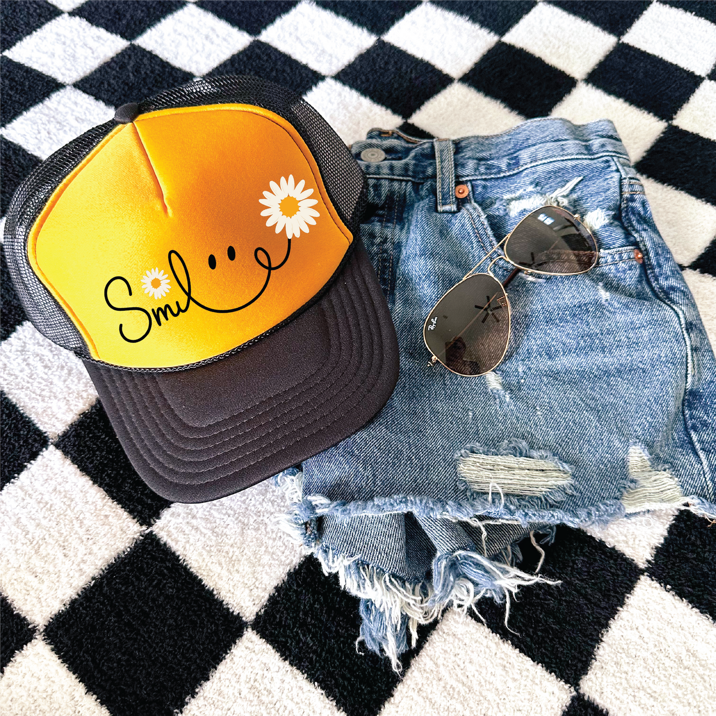 Smile DTF Printed Gold and Black Trucker Hat