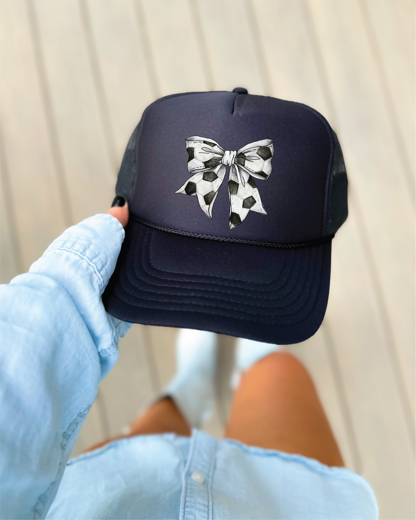 Soccer Bow DTF Printed Black Trucker Hat