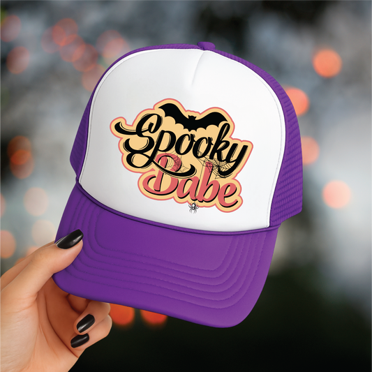 Spooky Babe DTF Printed Purple and White Trucker Hat