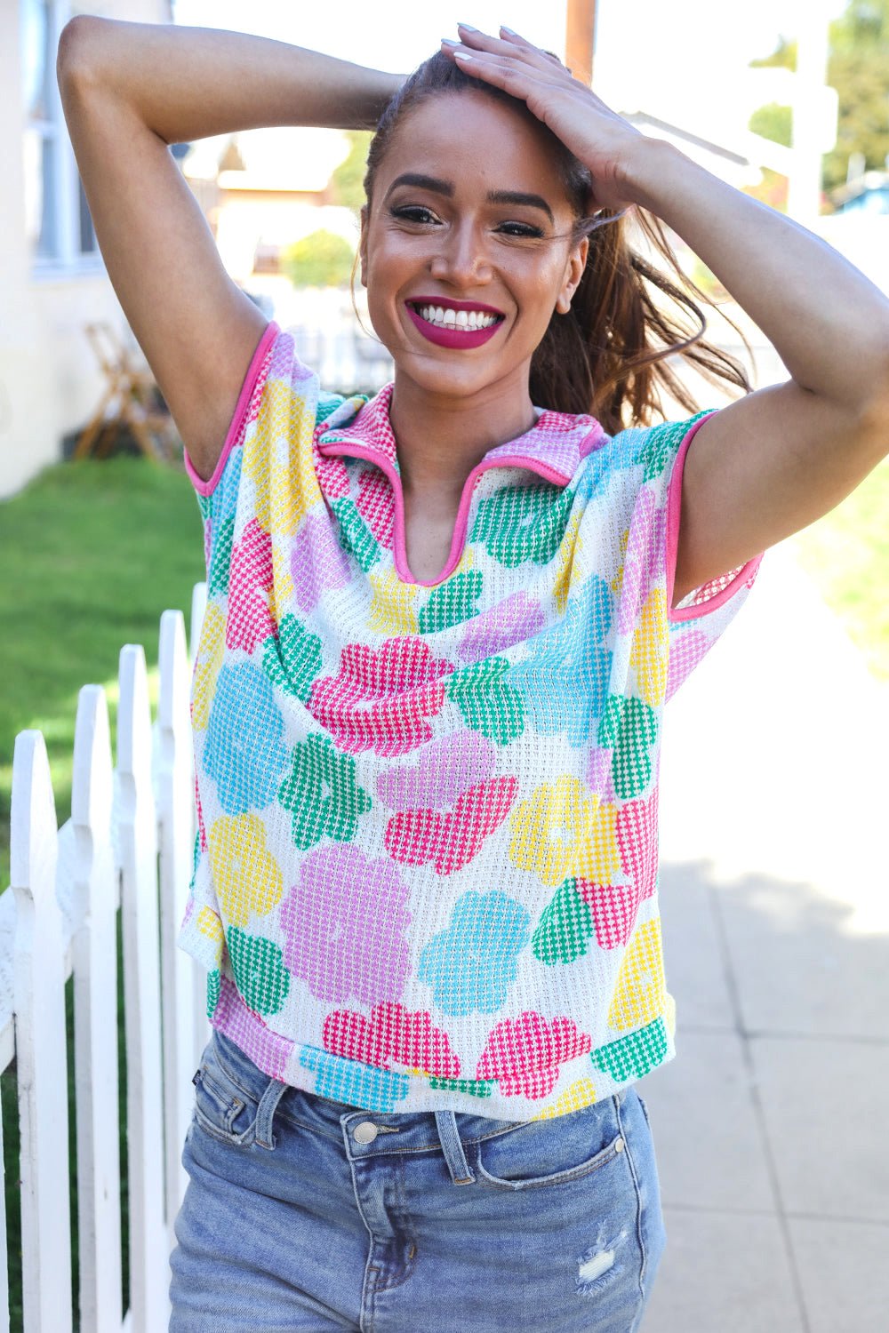 Spring Vibes Multicolor Floral Collar Notch Neck Waffle Knit Top - Southern Belles & Company Boutique