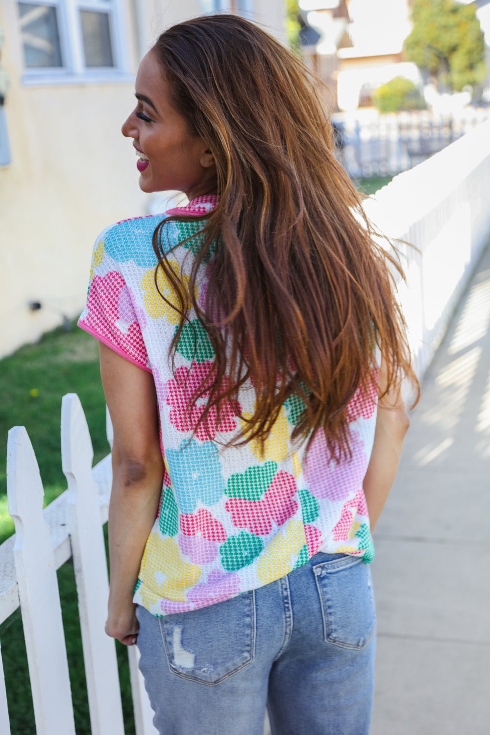 Spring Vibes Multicolor Floral Collar Notch Neck Waffle Knit Top - Southern Belles & Company Boutique