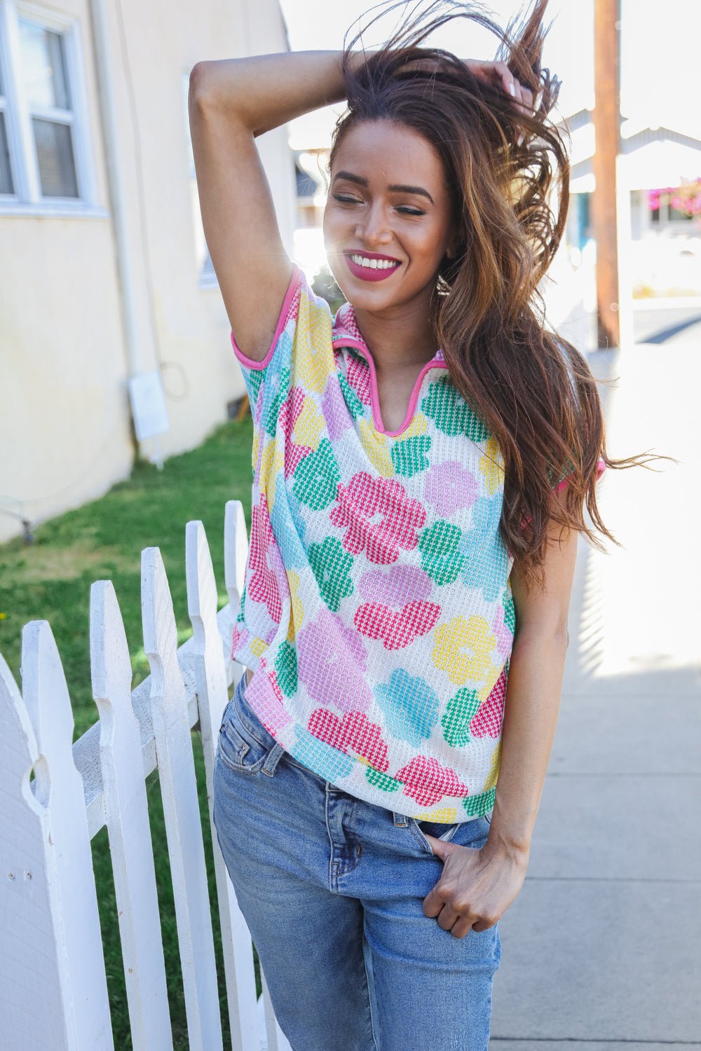 Spring Vibes Multicolor Floral Collar Notch Neck Waffle Knit Top - Southern Belles & Company Boutique
