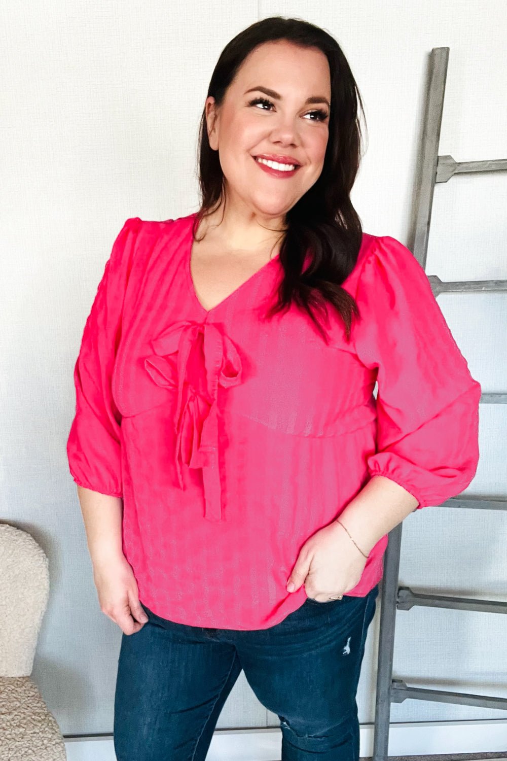 Stay With Me Pink V Neck Ribbon Bow Babydoll Woven Blouse - Southern Belles & Company Boutique