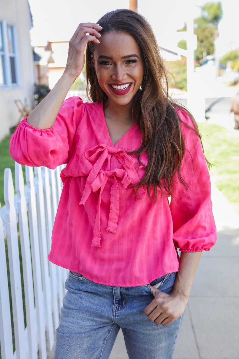 Stay With Me Pink V Neck Ribbon Bow Babydoll Woven Blouse - Southern Belles & Company Boutique