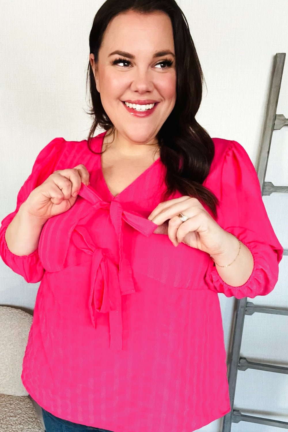 Stay With Me Pink V Neck Ribbon Bow Babydoll Woven Blouse - Southern Belles & Company Boutique