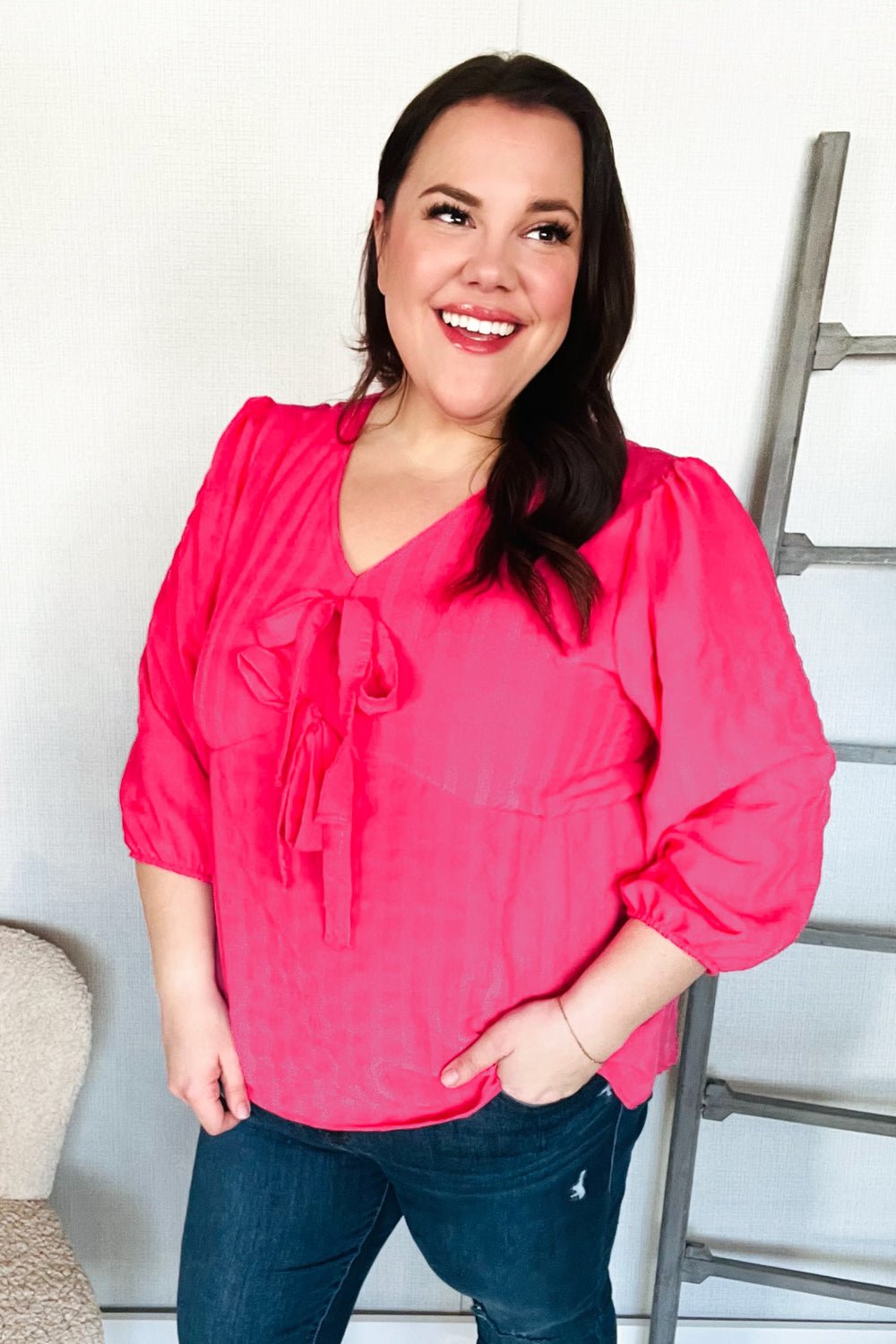 Stay With Me Pink V Neck Ribbon Bow Babydoll Woven Blouse - Southern Belles & Company Boutique