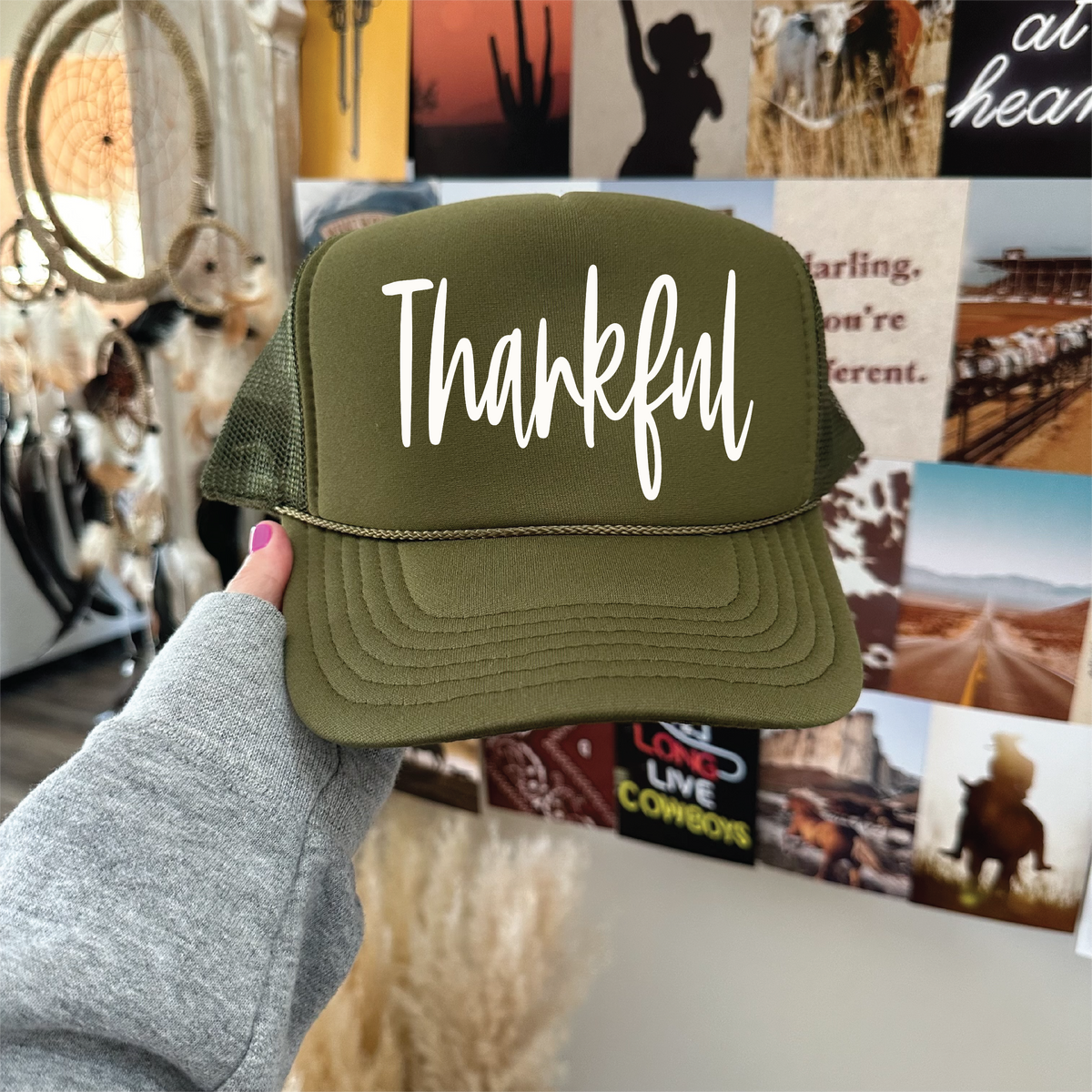 Thankful DTF Printed Olive Trucker Hat
