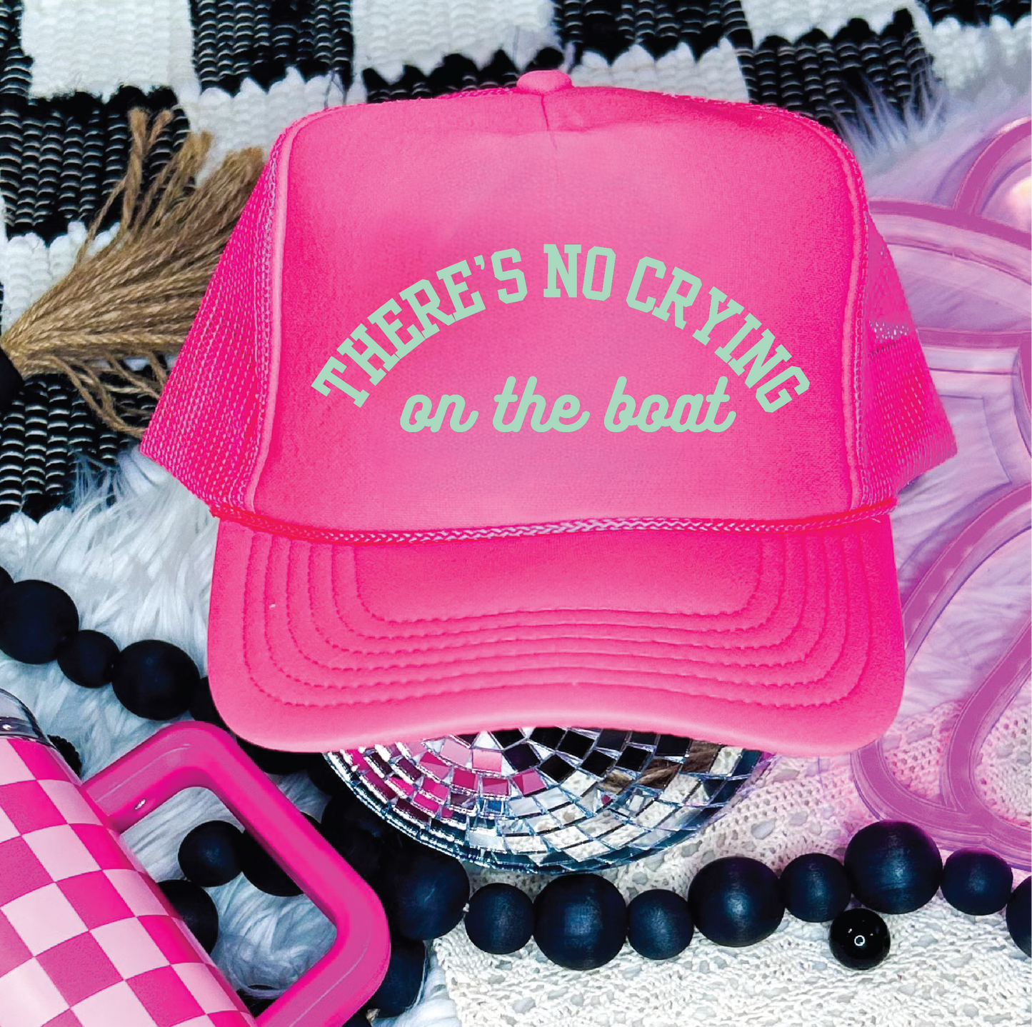 There's No Crying On The Boat- DTF Printed Neon Pink Trucker Hat