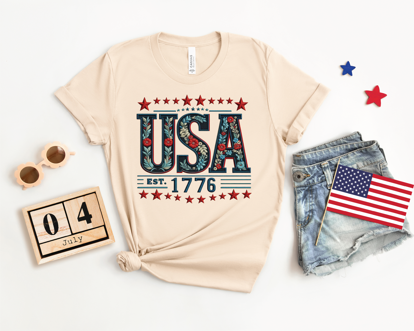 USA Faux Embroidery Patriotic Tee