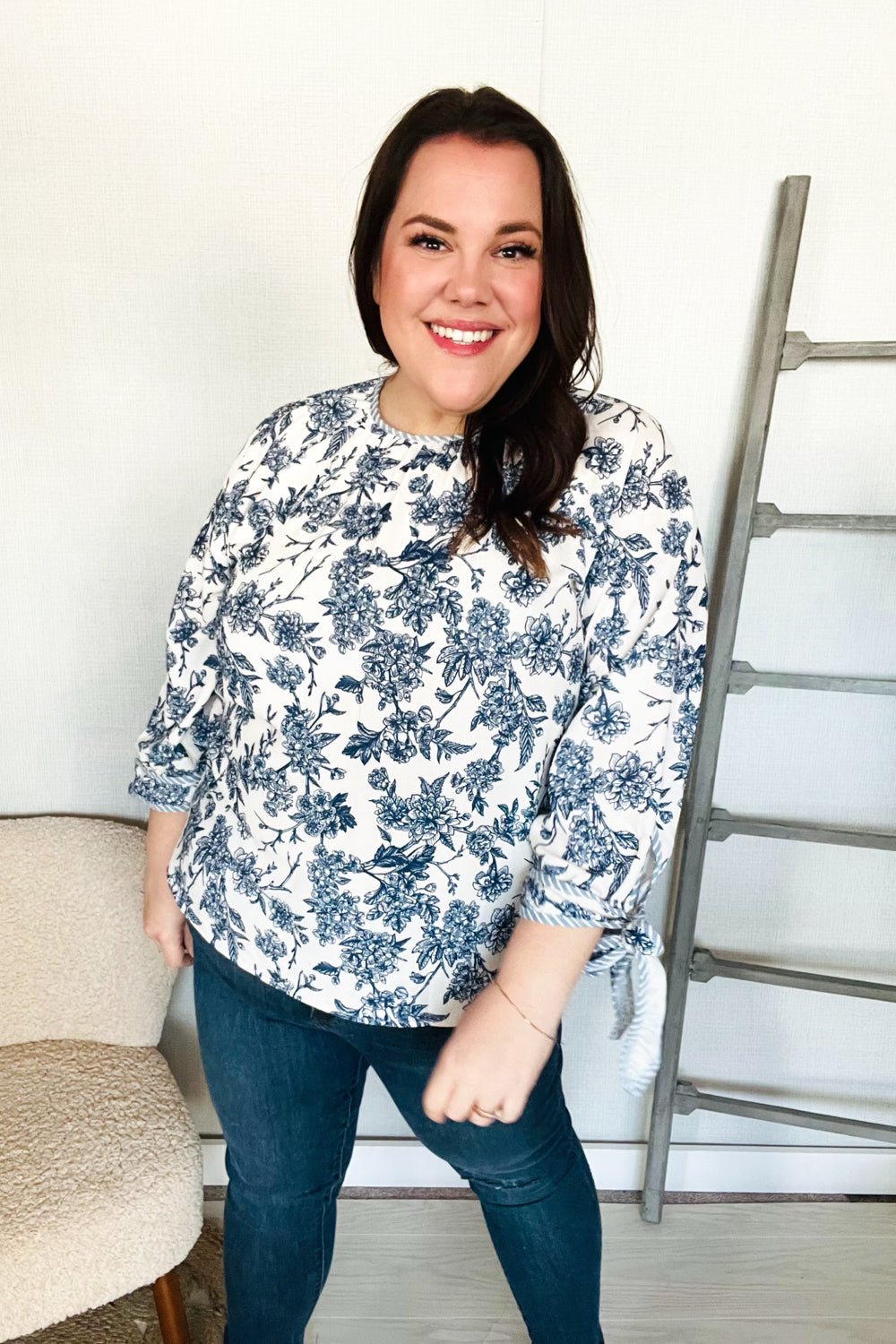 Vintage Chic Navy & Ivory Three - Quarter Bow Sleeve Contrast Stripe Blouse - Southern Belles & Company Boutique