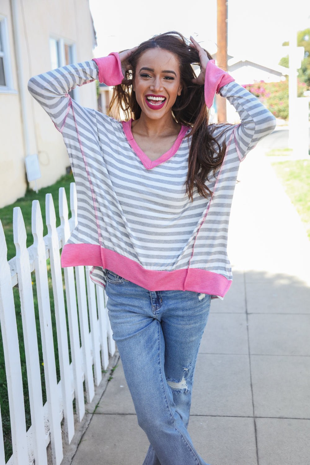 Weekend Ready Heather Grey Stripe Hi - Lo Out Seam Stitch Pullover - Southern Belles & Company Boutique