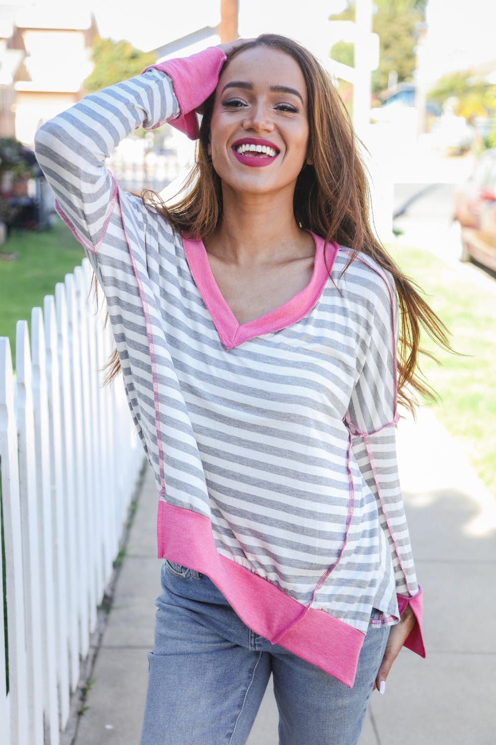 Weekend Ready Heather Grey Stripe Hi - Lo Out Seam Stitch Pullover - Southern Belles & Company Boutique