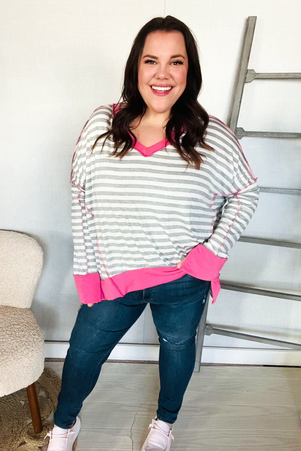 Weekend Ready Heather Grey Stripe Hi - Lo Out Seam Stitch Pullover - Southern Belles & Company Boutique