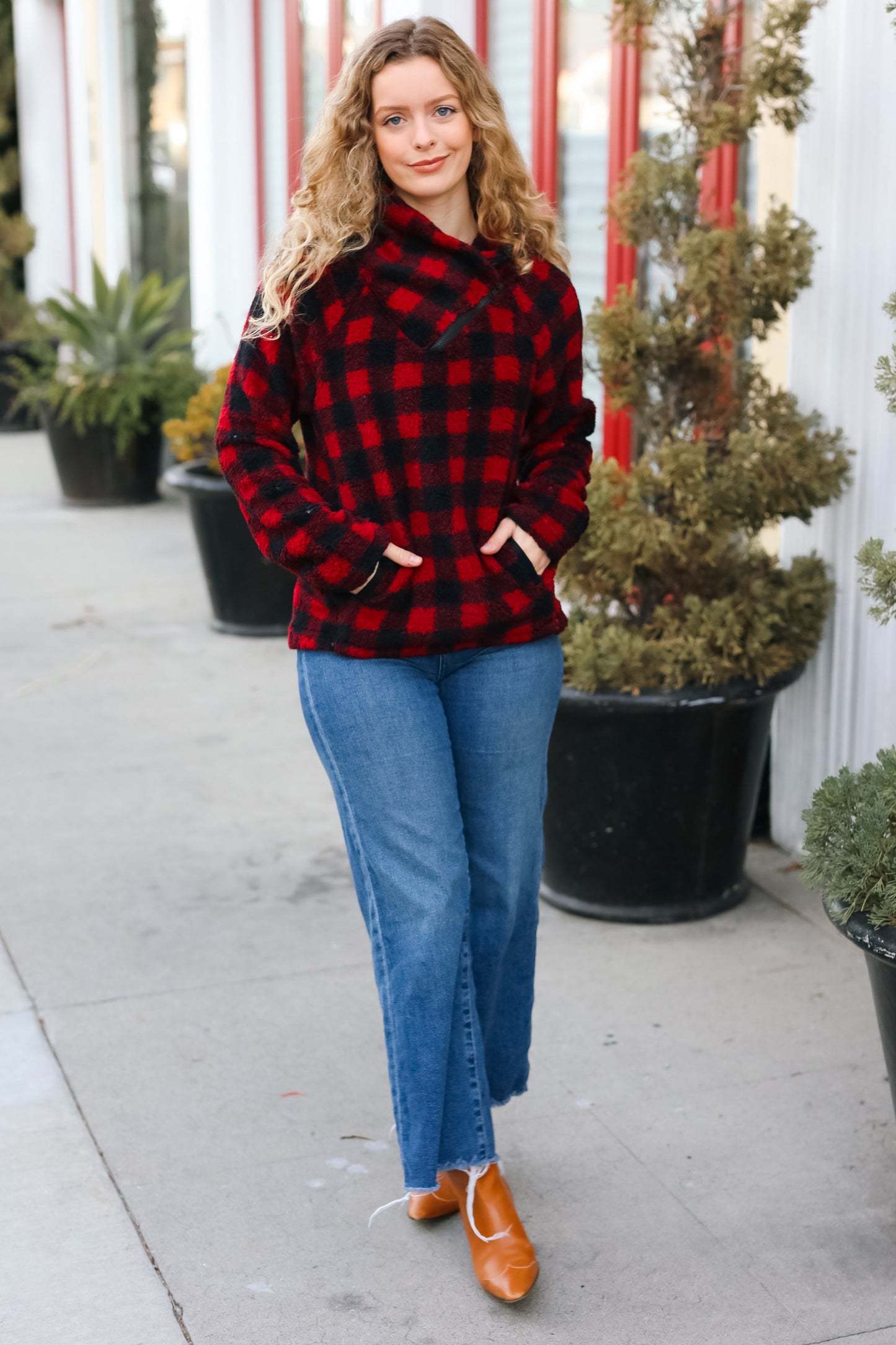 Cozy in Plaid Red Sherpa Sweater