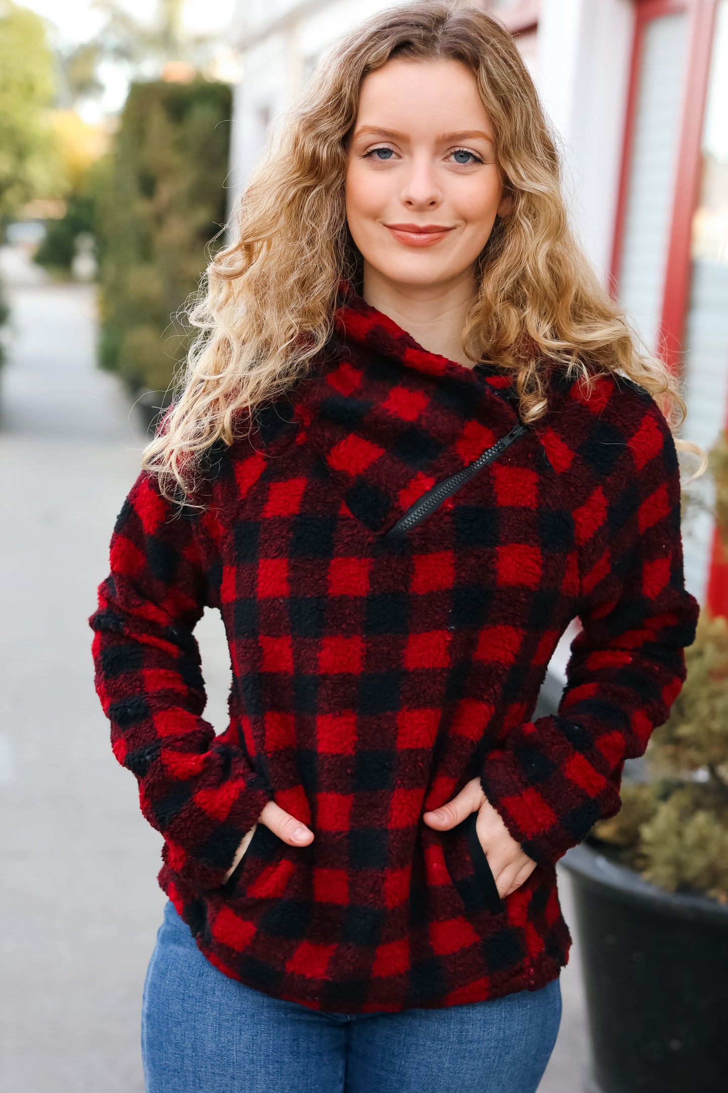 Cozy in Plaid Red Sherpa Sweater