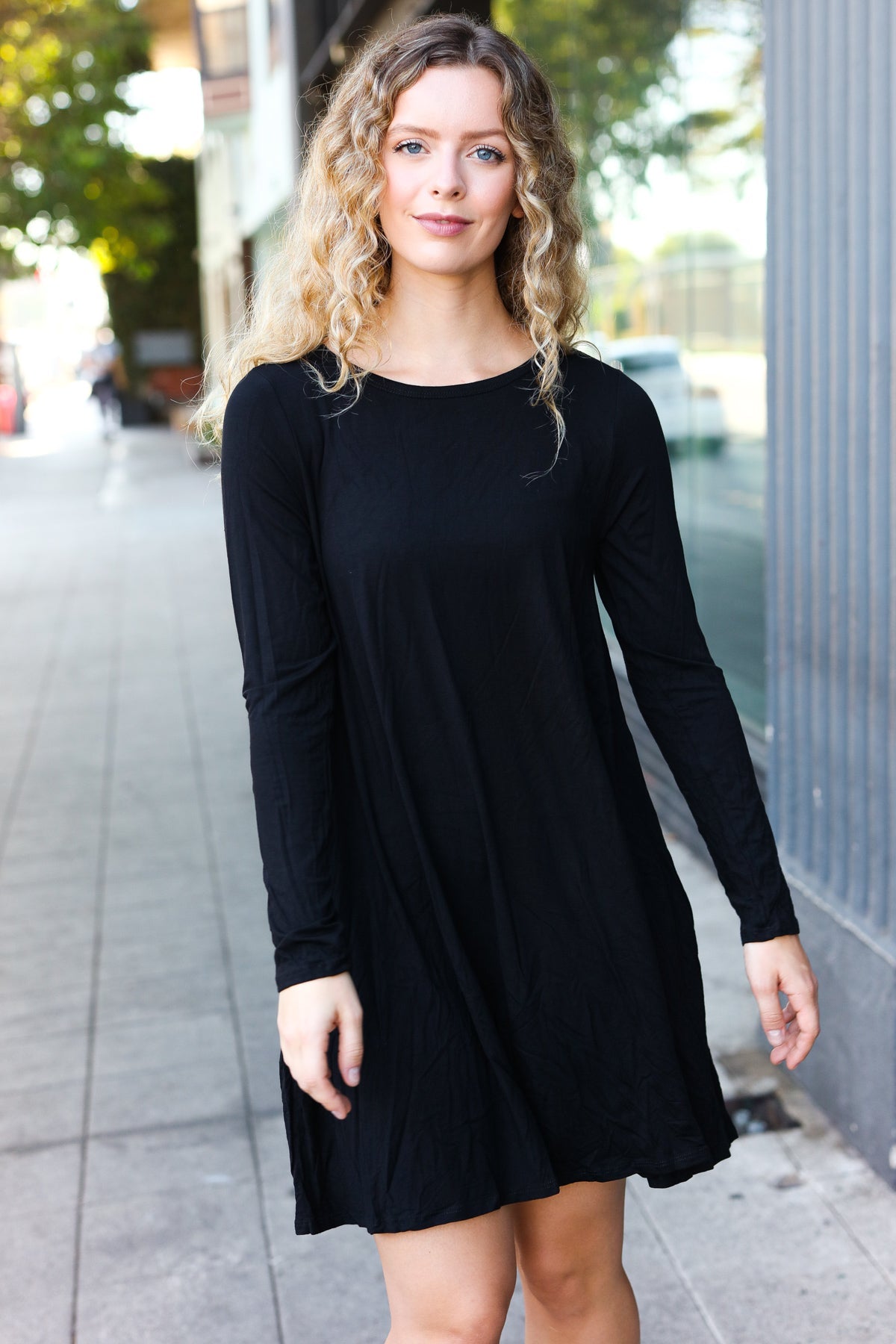 Classic Elegance Black Long Sleeve Shift Knit Dress