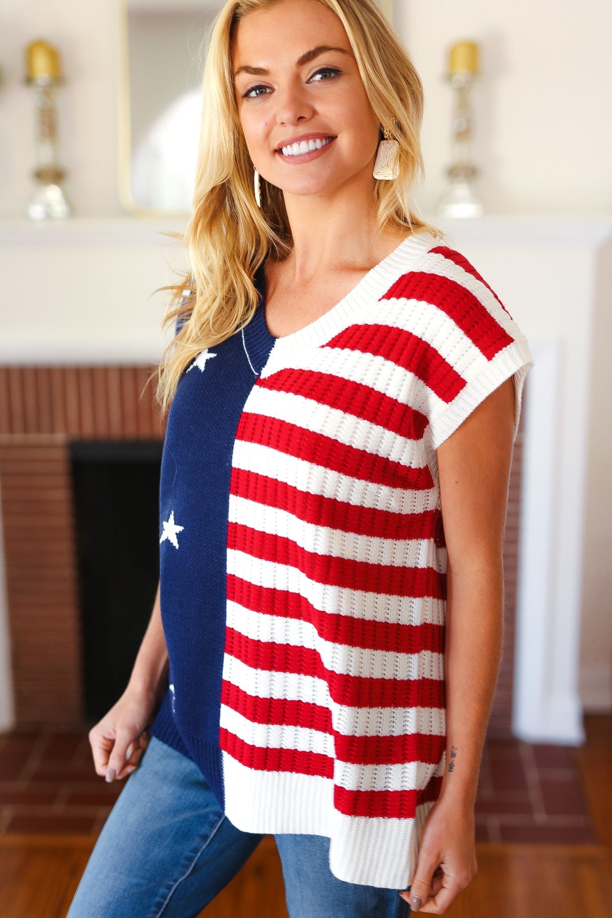 Stars & Stripes Americana V Neck Dolman Sweater Top