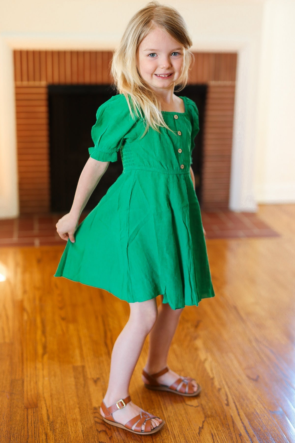 Kids Adorable Green Button Square Neck Ruche Back Dress