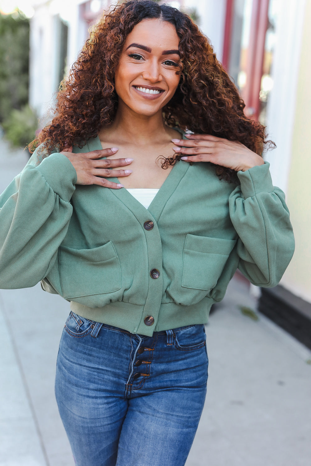 Weekend Ready Green Boyfriend Button Down Cropped Jacket