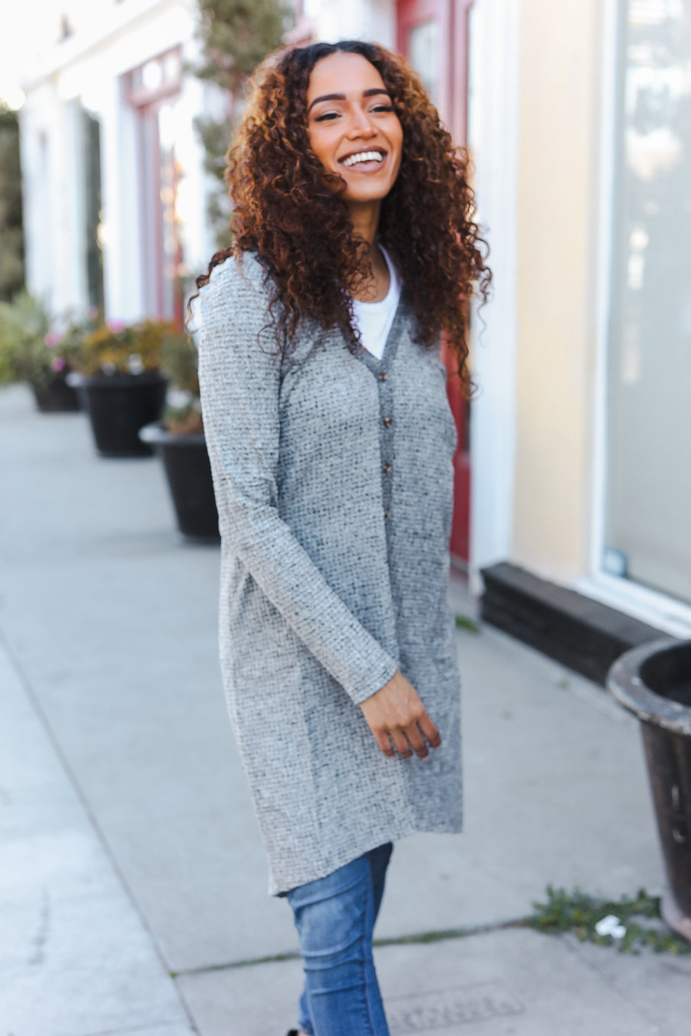 Spread Joy Grey Brushed Knit Crochet Button Down Duster Cardigan